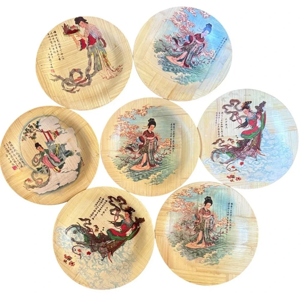 Vintage Bamboo Coaster Set – Chinese Celestial Motif – 4.25